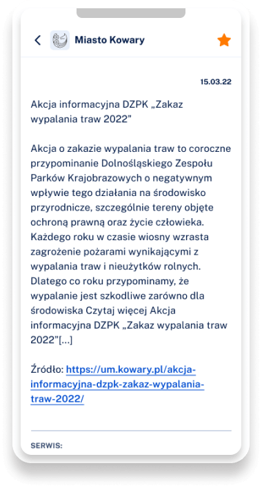 screen aplikacji Blisko z widokiem wiadomości z miasta Kowary wysłanej za pomocą funkcji RSS